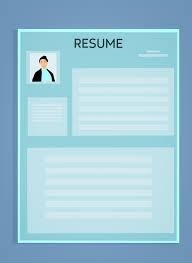 Blue rectangular paper, small image of the person in the top left corner, the word resume written on the top of the image